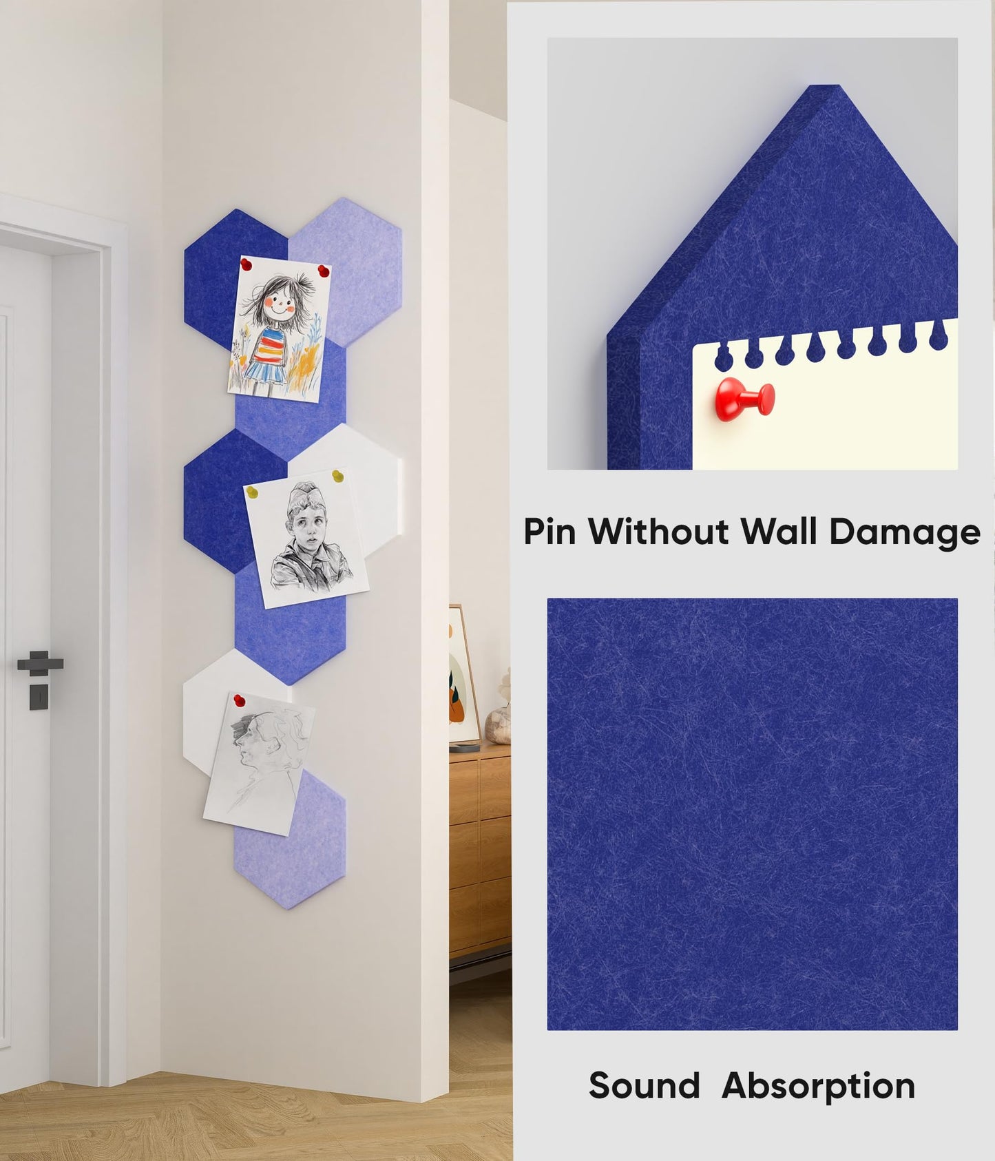 Toptople 12 Inch Large Hexagon Cork Board for Walls, 8 Pack Felt Bulletin Board Tiles, Pin Board with Push Pins for Office Photo and Note, Denim Blue