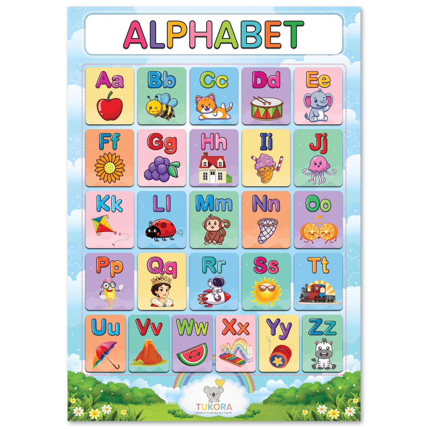Tukora Alphabet Poster for Kids ABC Wall Chart with Uppercase and Lowercase Letters Colourful Educational Nursery Poster with Animals and Objects Preschool Classroom Learning Decor Premium UK Made