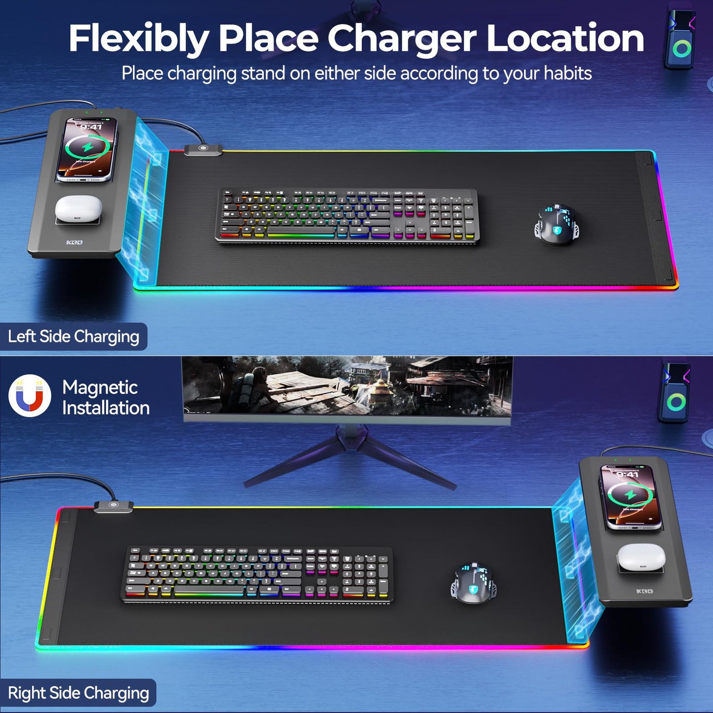 KDD RGB Mouse Pad with Wireless Charging - Desk Mat with Phone Holder and 15W Fast Charger - Gaming Mousepad with Ultra-Smooth Surface, Non-Slip Base - Keyboard Mat for Home Office Gamer Accessories