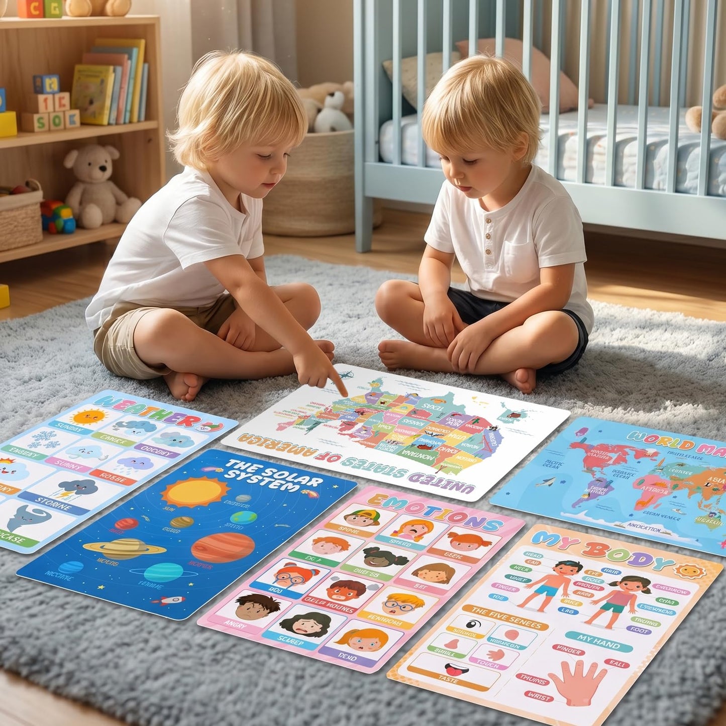 Gorsbark 18 Educational Posters for Toddlers 1-3, Laminated Learning Posters with Alphabet & Numbers Chart, Boho Classroom Kindergarten Preschool Decor, 11"x17"