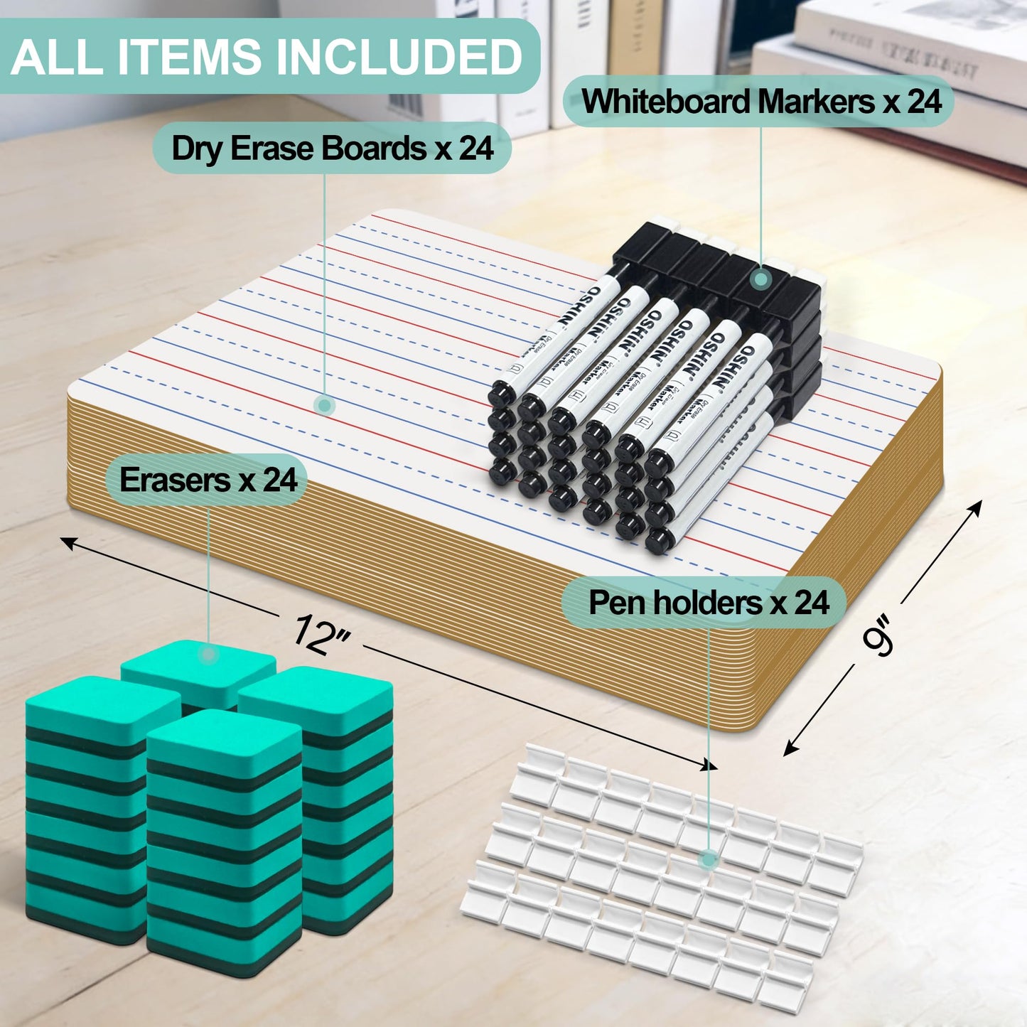 24 Pack Small White Boards, 9"x12" Double Sided Personal Dry Erase Boards Portable Handheld Whiteboards with Lines for Kids, Students, Teacher School, Include 24 Markers, 24 Erasers