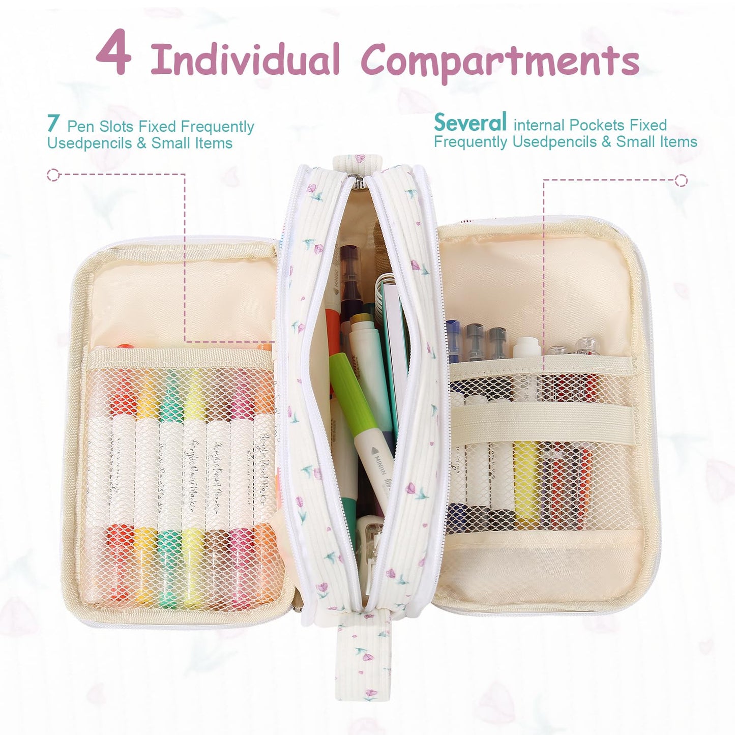 BuyCard Big Capacity Pencil Case, Corduroy Fabric, White with Purple Floral Pattern, Pencil Bag with Zipper Closure, Graduation Gift Office Stationery Storage Pen Pouch