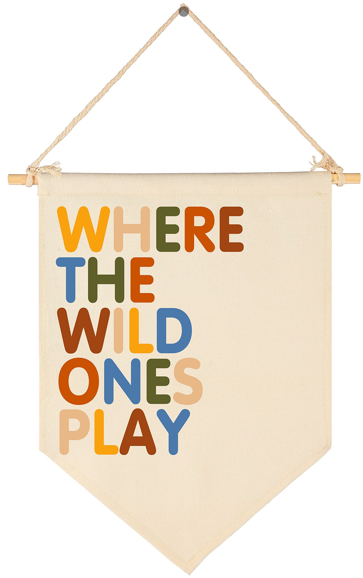 Where The Wild Ones Play-Canvas Hanging Pennant Flag Banner Wall Sign Decor for Nursery Baby Kids Girl Boy Teen Bedroom Playroom- Baby Gift Shower Flag-Birthday Christmas Gift
