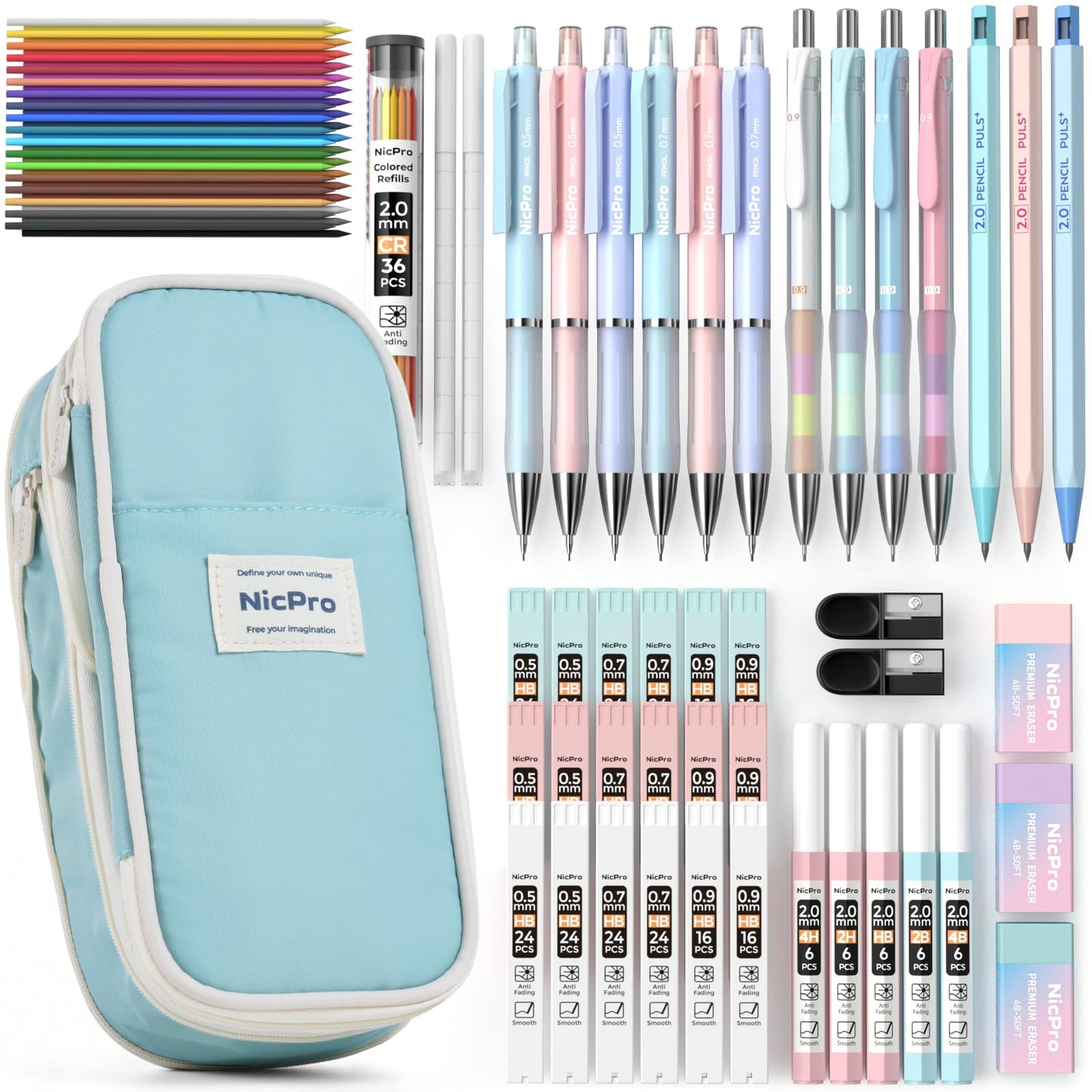 Nicpro 45PCS Aesthetic School Supplies with Pencil Case, Pastel Mechanical Pencils 0.5mm, 0.7mm, 0.9mm & 2.0mm with 498 PCS Refills, Cute Mechanical Pencil Set for Writing, Drawing & Drafting