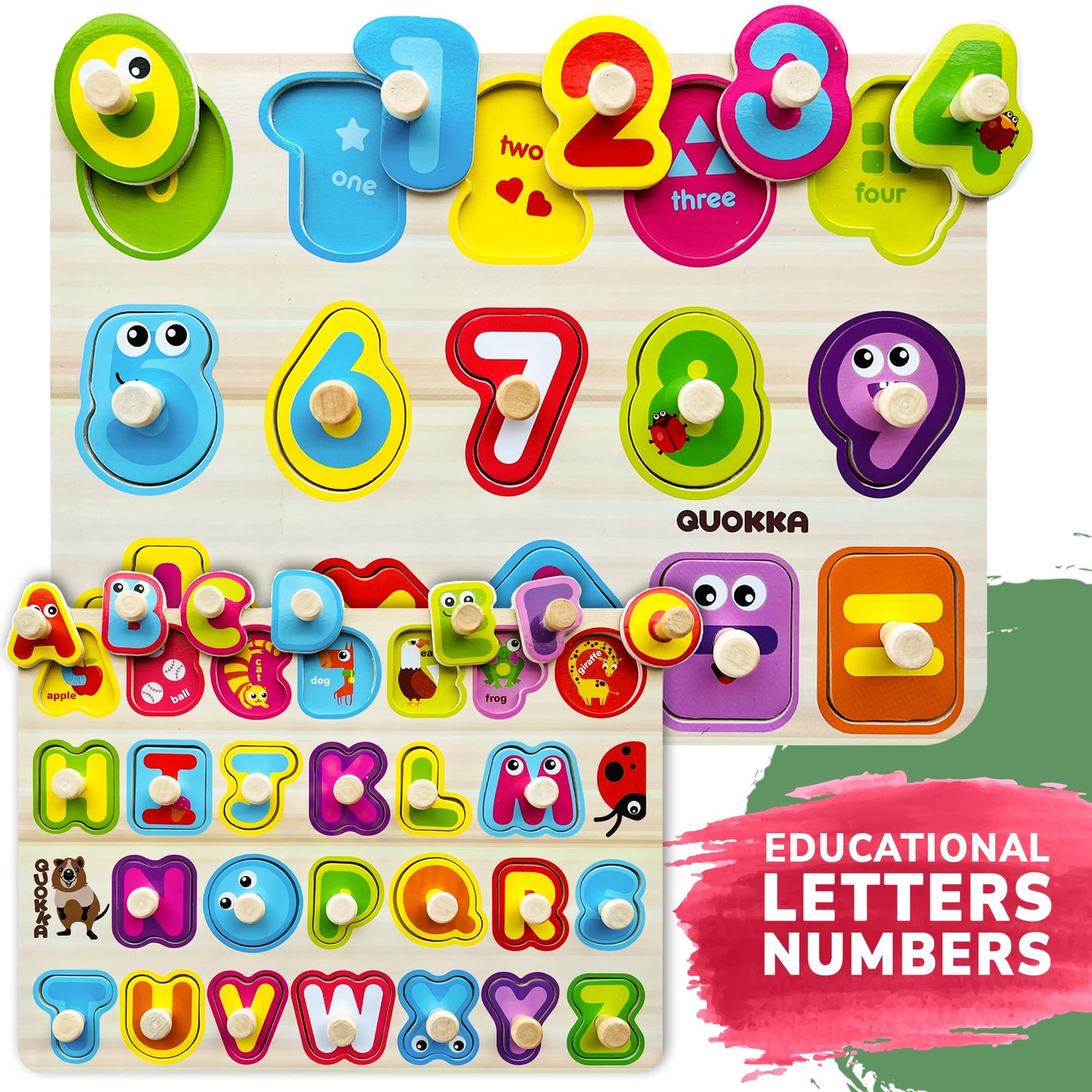 QUOKKA Wooden Puzzles for Toddlers 1-3 - 6XSET Toddler Puzzles Ages 2-4 with Rack - Learning Alphabet - Numbers - Animals Montessori Toy for Kids 3-5 - Wood Games Gift for Boys and Girls