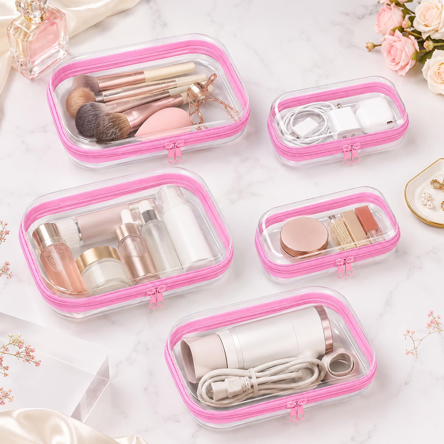 2-Pack Clear Hardshell Zipper Case, 1.2mm Thicken Crush-Proof Travel Toiletries Bag, TSA Approved Portable Zipper Pouches, Rigid Toiletry & Diaper Bag Organizer for Tech, Toys & Art Supplies(Pink)