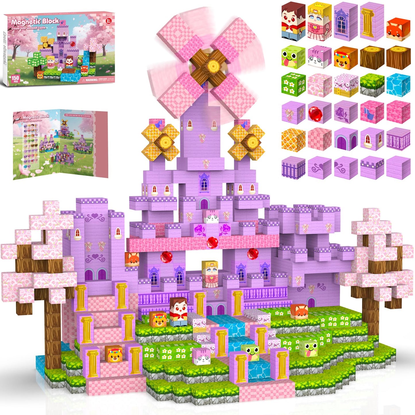 Gryxpox 150pcs Magnetic Blocks,Magnetic Building Blocks, STEM Sensory Toys with Princess Castle Build–Creative Magnet Tiles for Toddlers Ages 3+,Boys & Girls–Christmas Birthday Party Kids Gifts