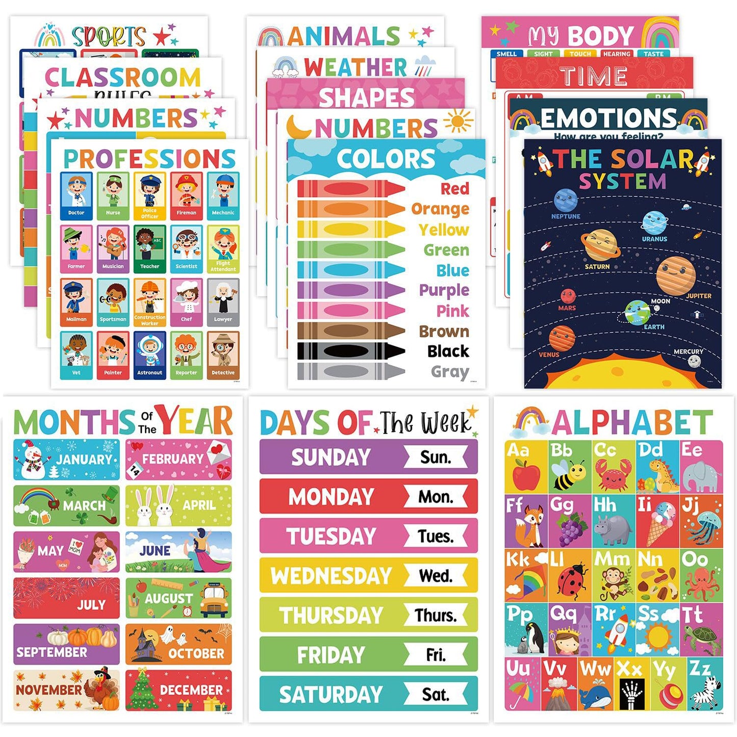16PCS Classroom Educational Posters - Laminated Educational Posters For Toddlers, 14.7'' x 11.5'' Preschool Learning Posters, Alphabet Number Charts, Kindergarten Classroom Wall Decor, Playroom Homeschool Daycare & Classroom Decor, Kindergarten & Preschoo
