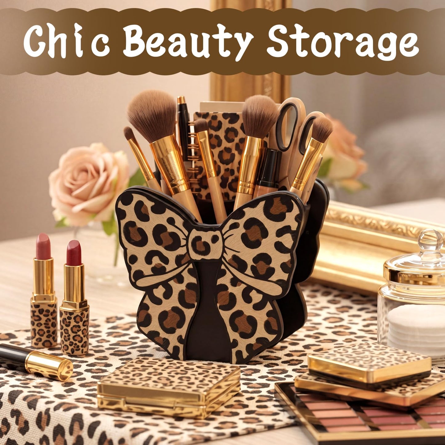 Tenceur Leopard Print Bow Holder for Desk Large Capacity Bow Wooden Pencil Holder Coquette Supplies Desk Organizer Cute Teacher Office Decor Makeup Brush Holders Back to School Gift for Girls Women