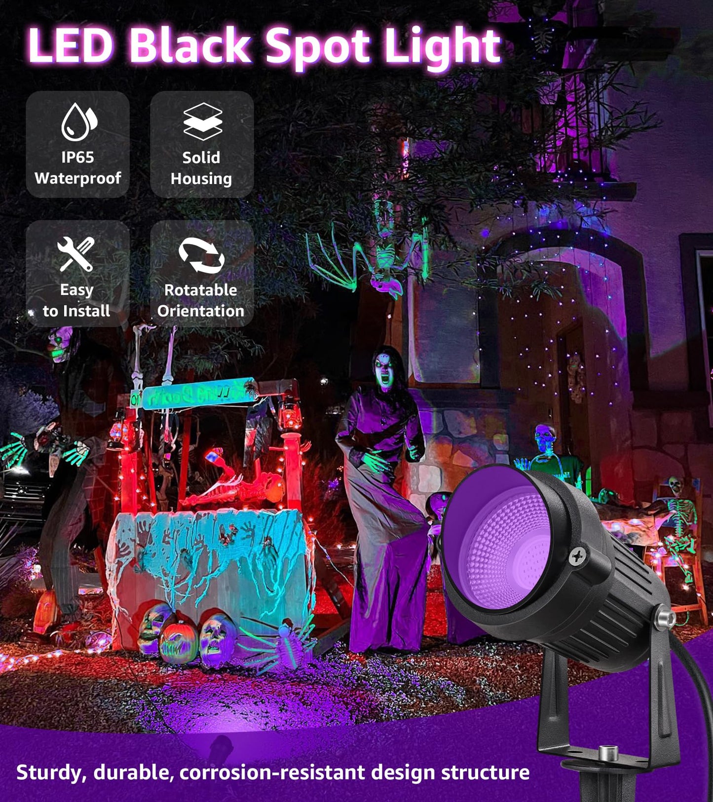 SUNVIE LED Black Light Spotlight 10W Waterproof for Glow Parties, 1 Pack, Black, Model CHZS1001