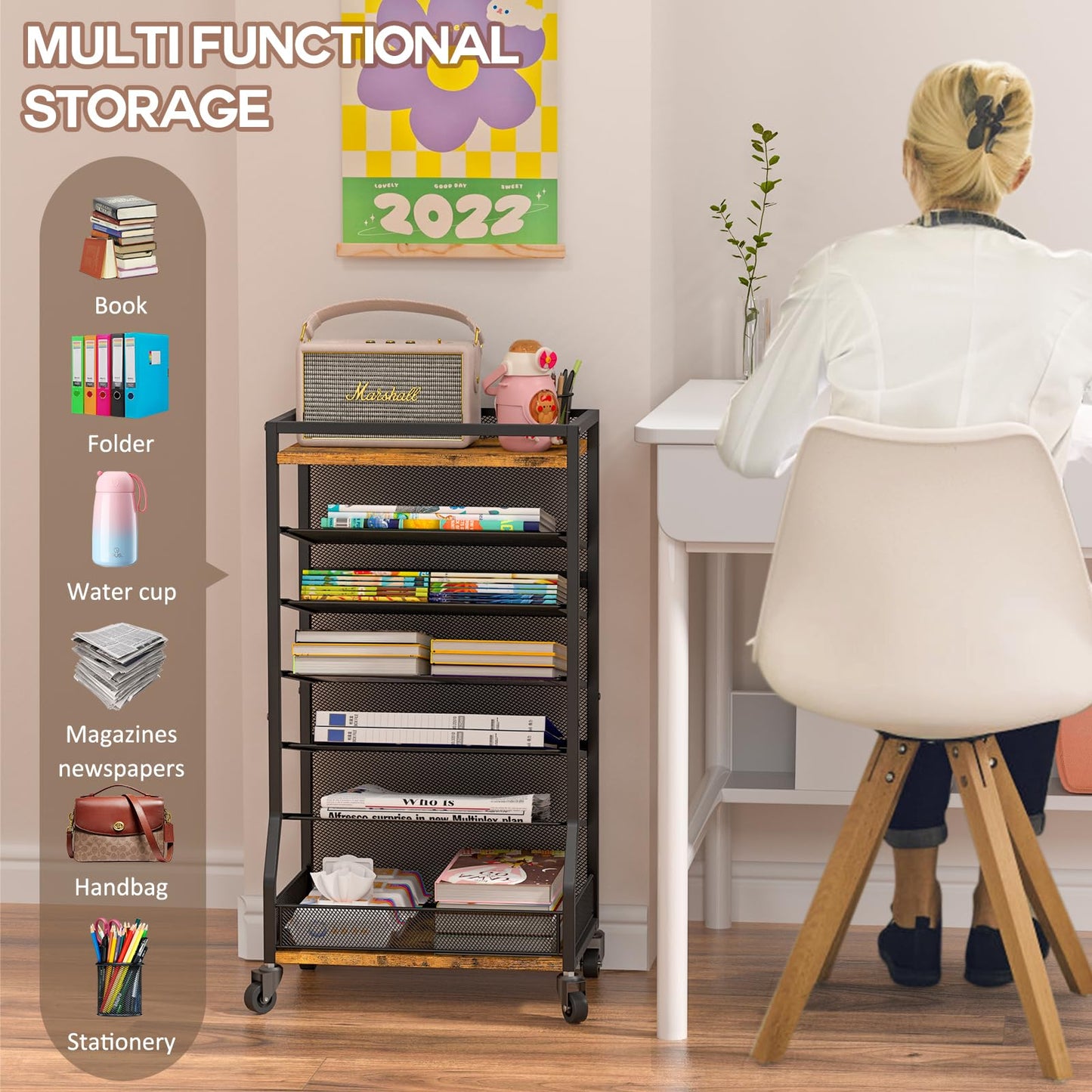 ThreeHio 7 Tier Rolling File Cart with Sliding Trays, Wood Metal File Organizer Beside Desk, Free-Standing File Holder, Paper Letter Tray Organizer Mesh Desk Organizer for Home Office School (Patent)