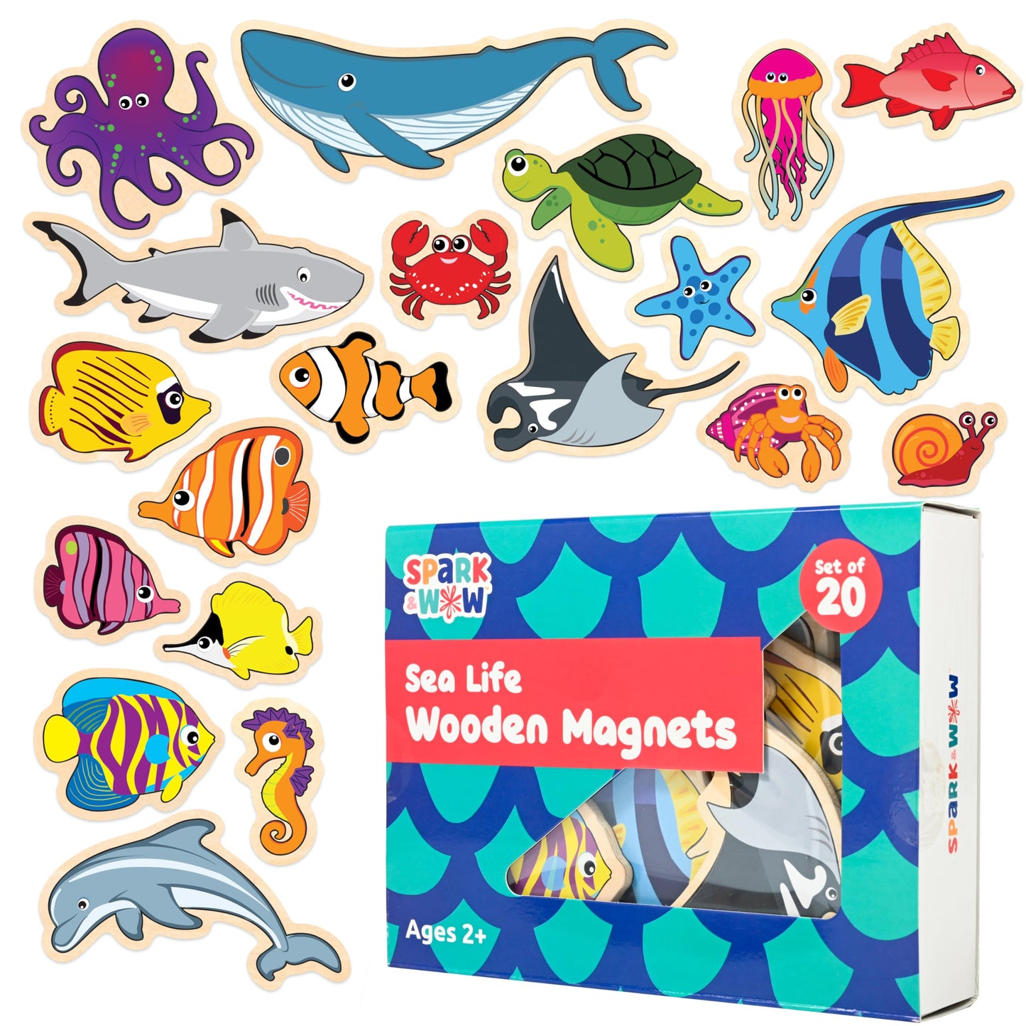 Spark & Wow Wooden Magnets | Sea Life | Magnets for Kids Ages 2+ Open-Ended Play | Adhere to Fridges, Whiteboards and More
