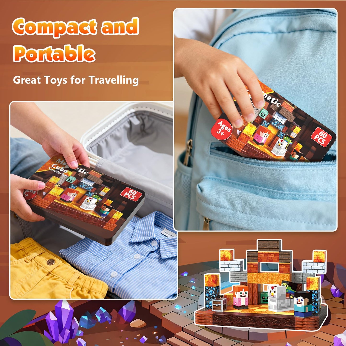 Mini Magnetic Blocks with Magnet Box - 60PCS Magnetic Building Blocks for Kids Ages 4-8, Magnet Block Travel Toys, Magnetic Cubes STEM Stacking Toy, Easter Birthday Gifts for Boys & Girls 3 4 5 6+