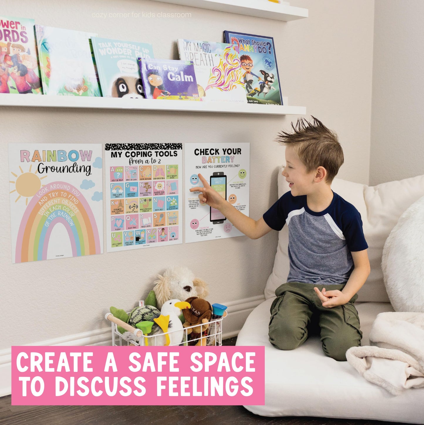 Hadley Designs 9 Calming Corner Posters for Classroom Must Haves - Calm Down Corner Supplies with Emotions Chart, School Counselor Mental Health Poster, Feelings Chart For Kids, Pastel Classroom Decor
