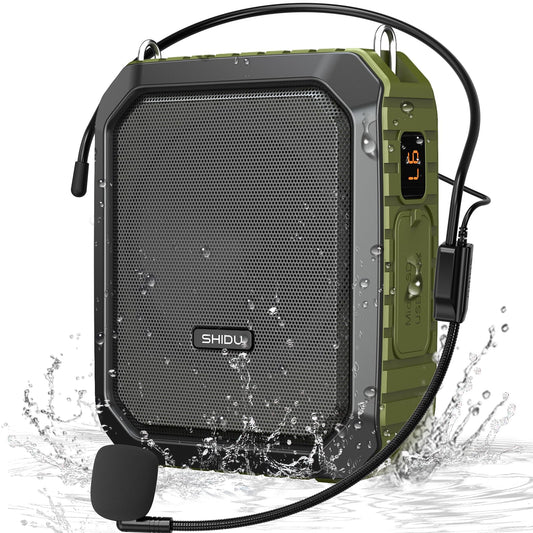 SHIDU Voice Amplifier for Teacher with Portable Microphone and Speaker, 18W Megaphone with Wired Mic Headset, IPX5 Waterproof & Rechargeable Bluetooth Speaker Systems for Tour Guide (NOT Wireless)