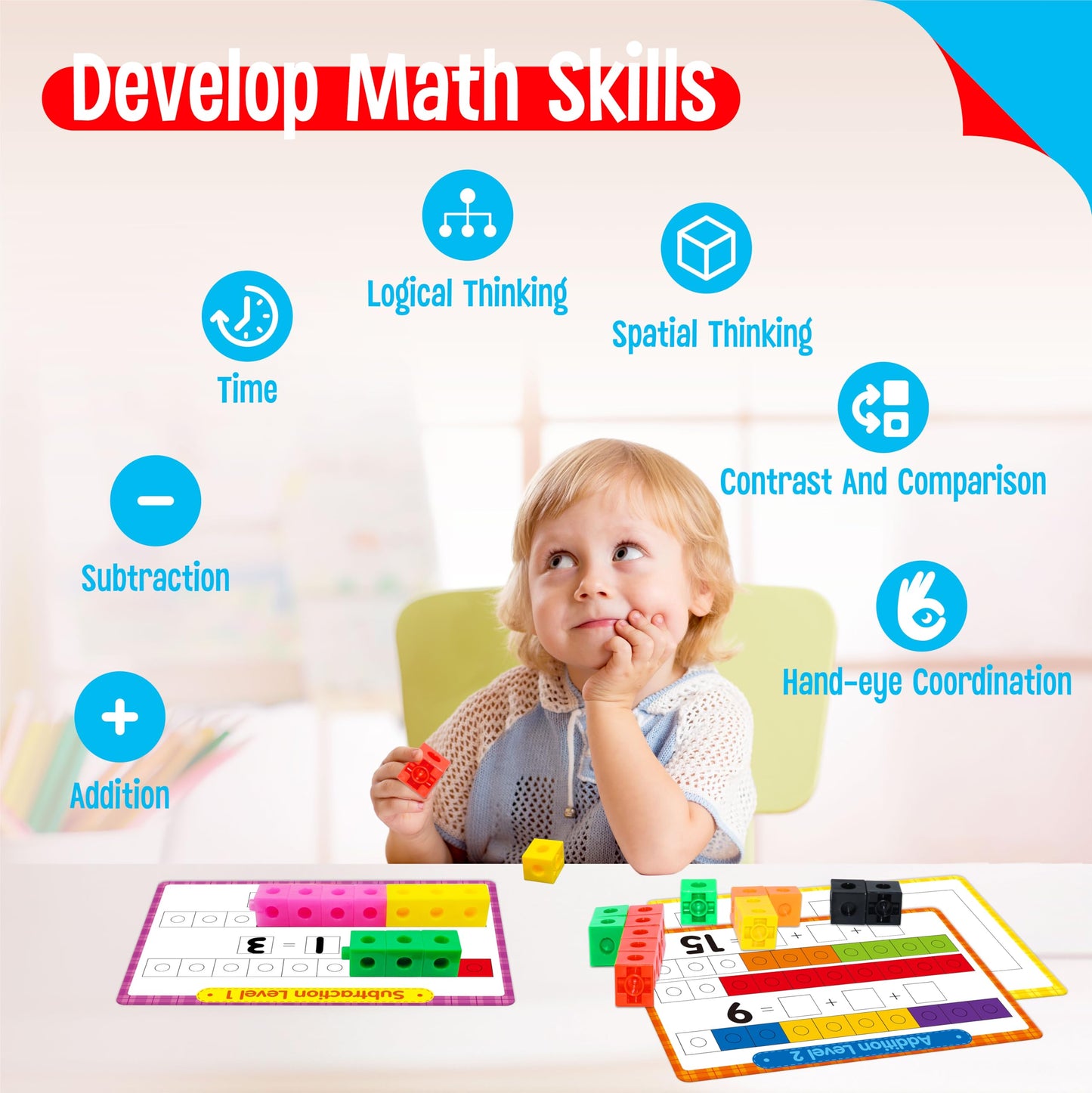 Math Linking Cubes, 100 Math Cube Manipulatives with 30 Learning Activities plus 192 Reusable Stickers, Number Counting Blocks Snap Linking Math Counters, Fun & Educational Pre-K Counting Blocks