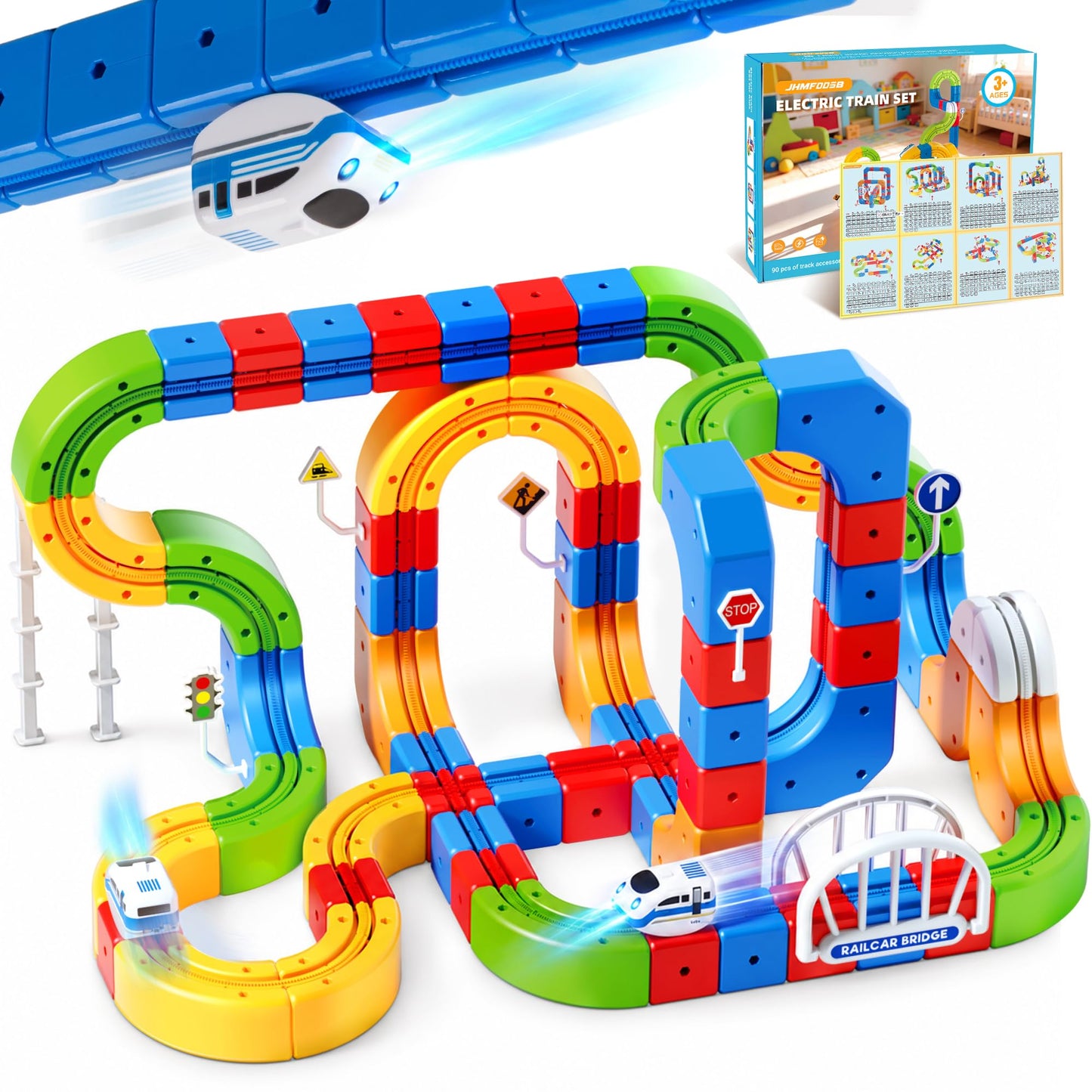 Electric Train Set for Kids, 147PCS (90 Track+2 Motorized Trains) 3D Gravity-Defying Cube Track, STEM Electric Train Set Educational Birthday Gift with Building Poster for Boys Girls Ages 3 4 5 6 7 8