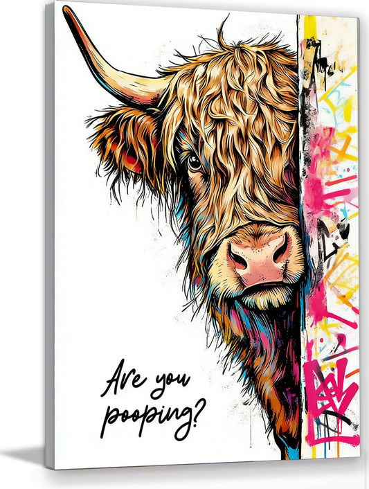 Funny Highland Cow Bathroom Wall Art, Are You Pooping? Graffiti Pop Art Canvas Print, 12x16 Inch Framed Humorous Farmhouse Bathroom Decor, Colorful Cow Picture for Washroom Toilet Powder Room