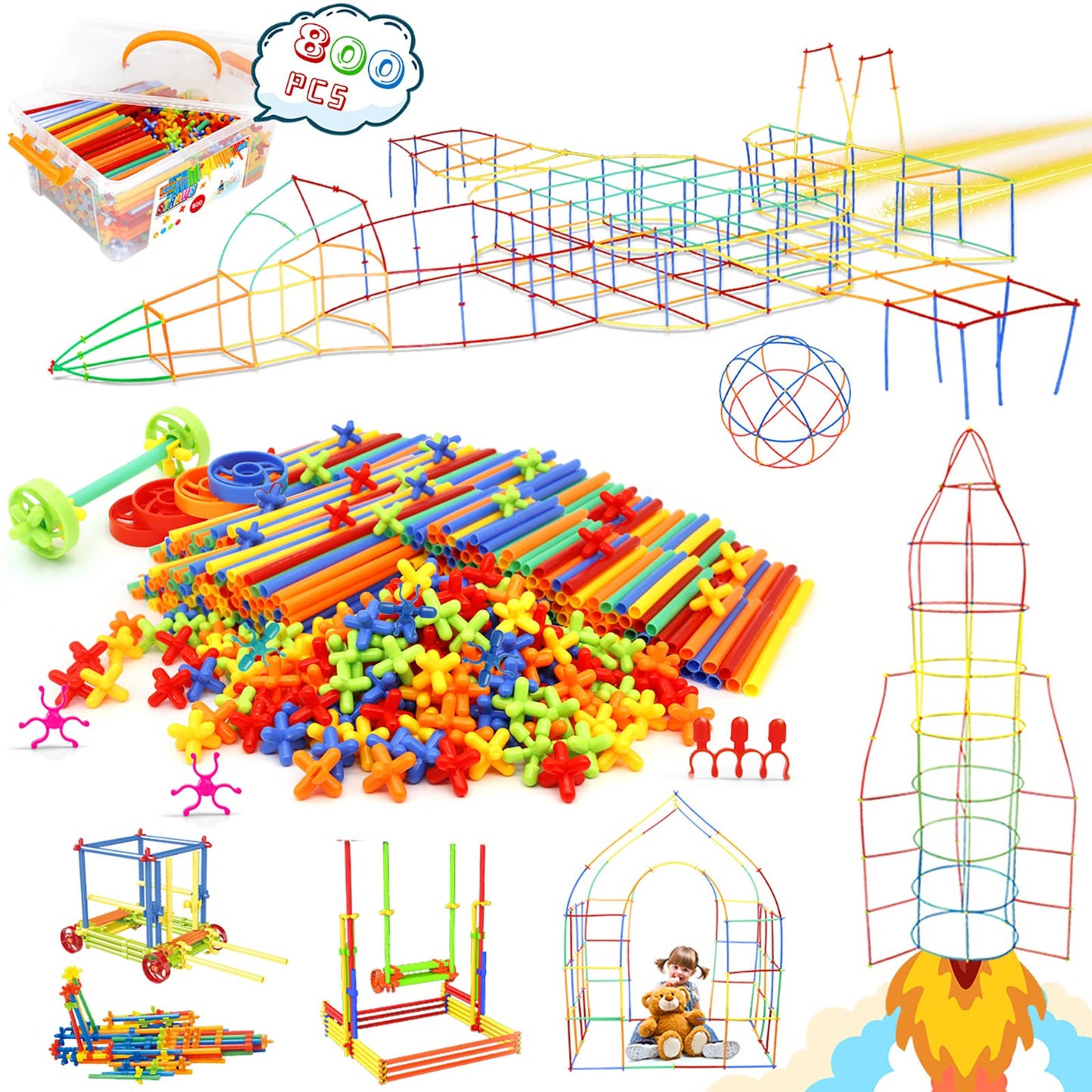 Ggiibro Straw Constructor Toys 800Pcs STEM Building Toy for 3+ Year Interlocking Plastic Engineering Toys Thin Tube Blocks Educational Toy Kit for Indoor Kids Toy with a Storage Box