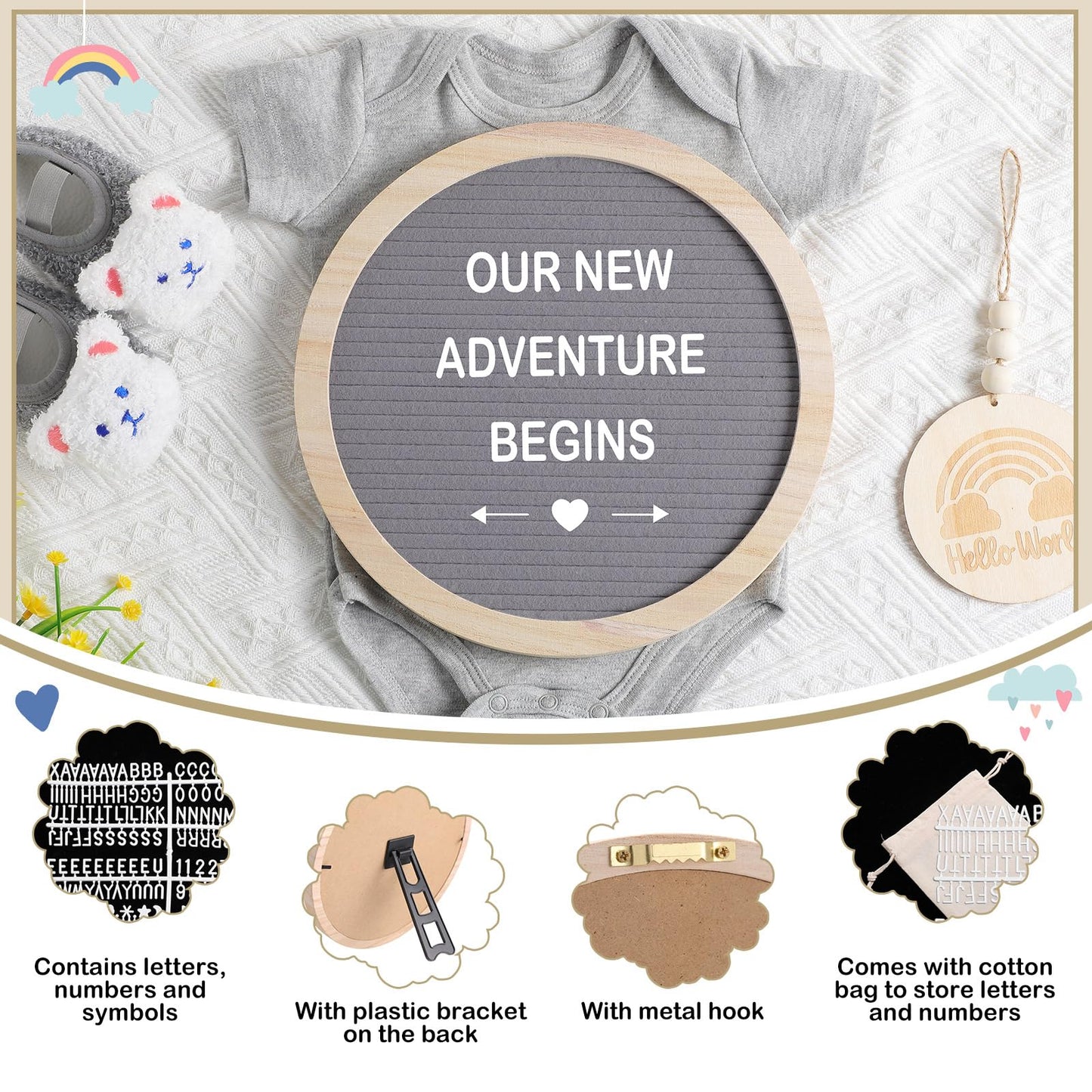 Canlierr 8 Pcs Pregnancy Announcement Set Pregnancy Reveal Ideas Include Felt Letter Round Board Kit Baby Bodysuit Booties Wood Blocks Wooden Signs for Coming Soon Baby Announcement(Gray)