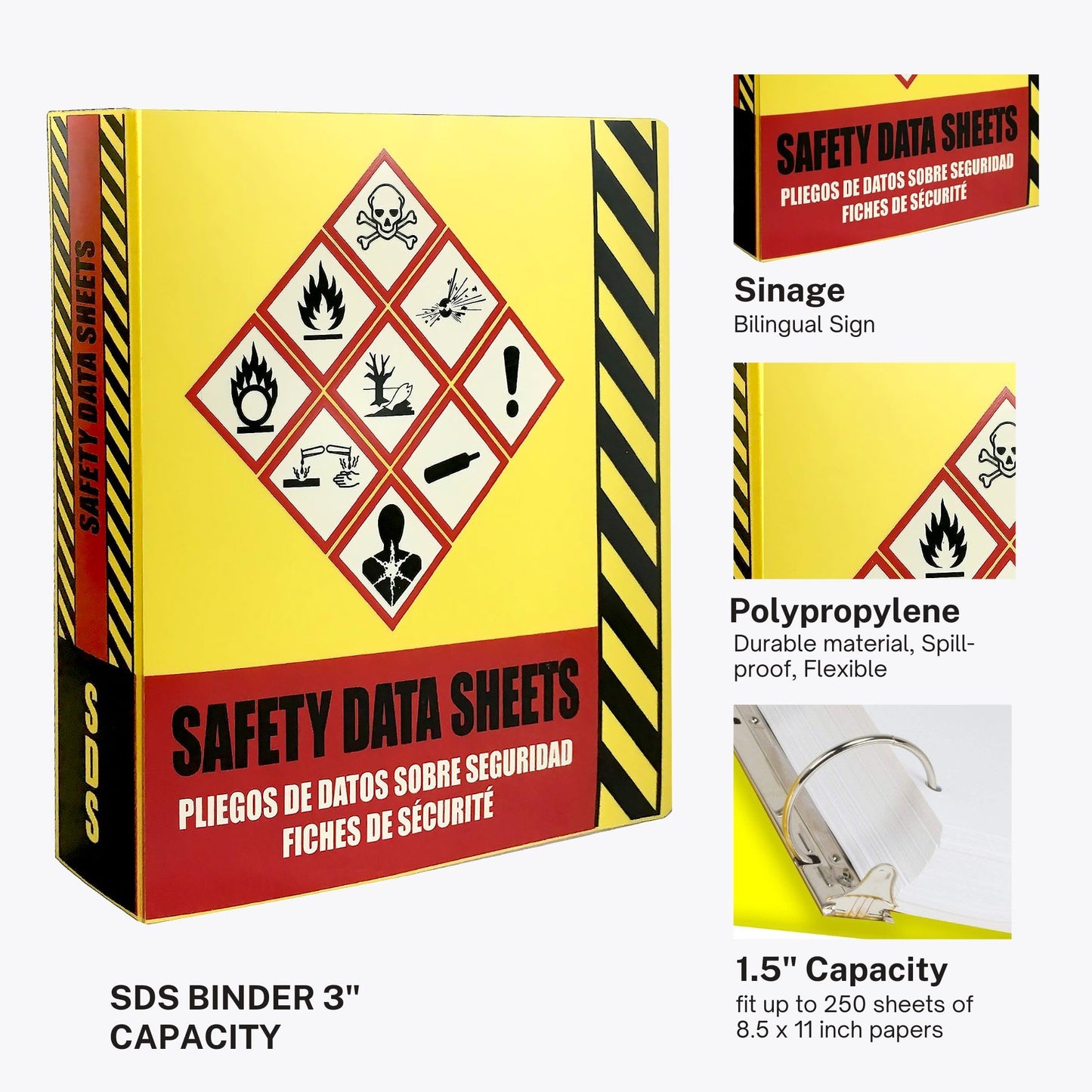 Ring Binder Depot SDS Binder, Heavy Duty 3 Ring Binder with 1.5 in Capacity Holds 250 Pages, Trilingual with EnglishSpanishFrench, Durable and Highly Visible Safety Data Sheets, Yellow