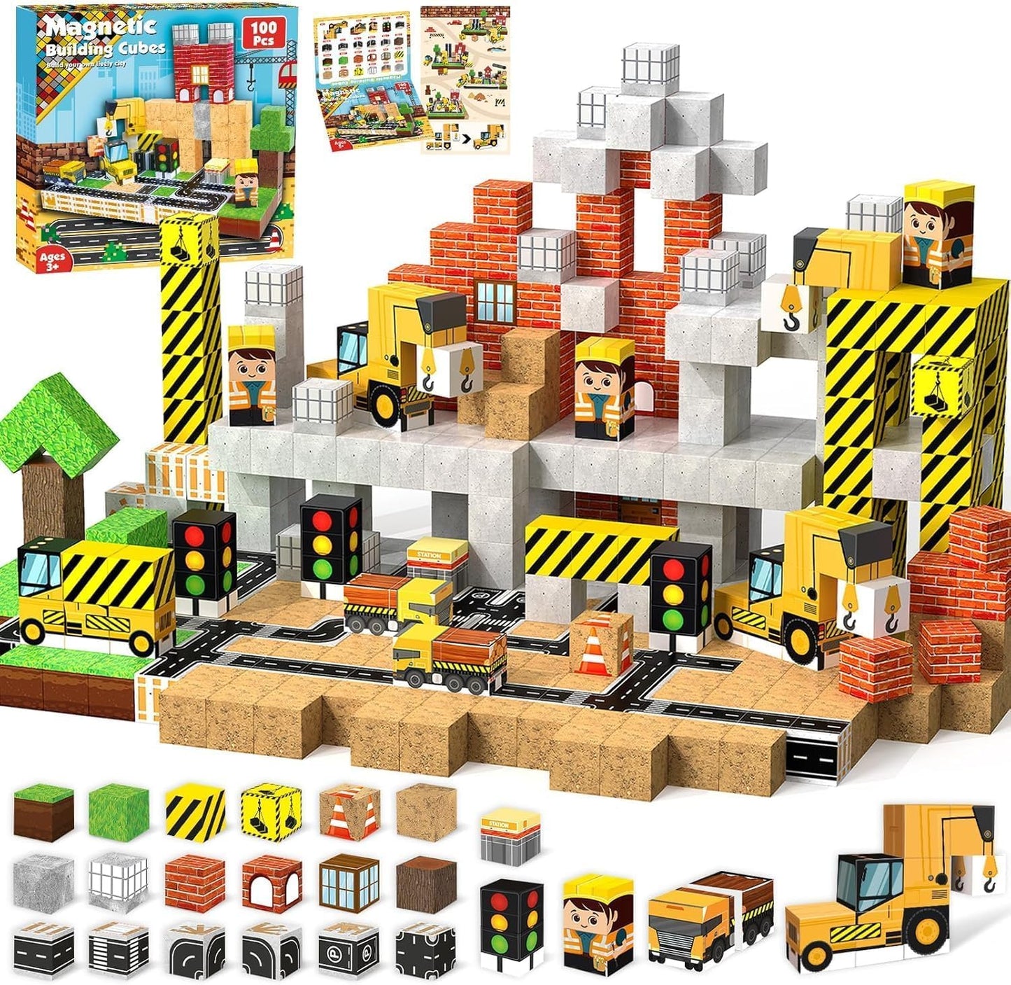 uMadeUs Magnetic Blocks for Kids Ages 4-8 – 100 Pc Construction Toys for Kids with Trucks & Cranes – 3D Pixel Cubes, STEM Building Toys for Boys & Girls Ages 3-12