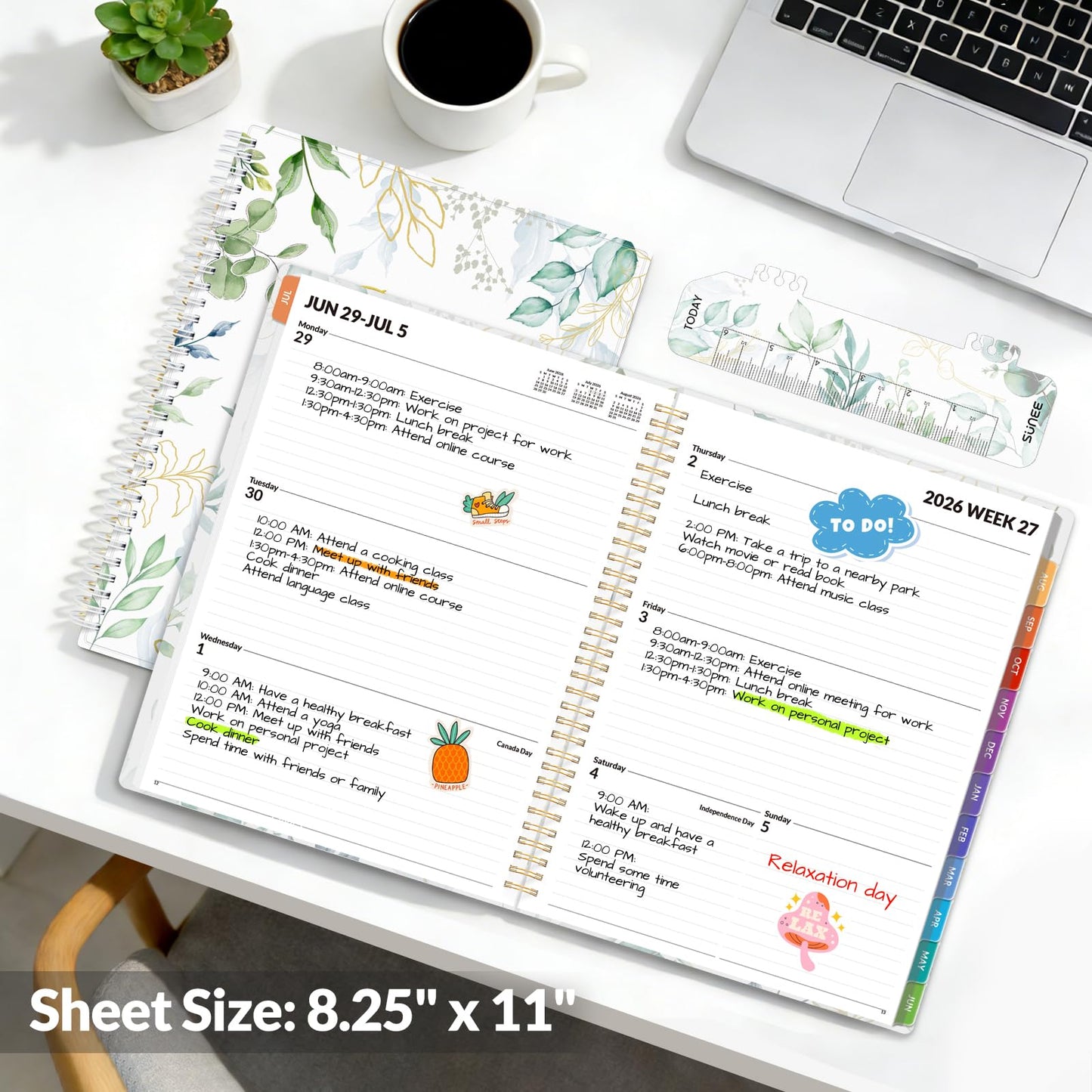 SUNEE Academic Planner 2026-2027 – Weekly & Monthly Planner, July 2026 to June 2027, 8.5"x11", Thick Paper, Tabs, Pockets, Bookmark, Spiral-Bound, Student Teacher Organizer, Greenery