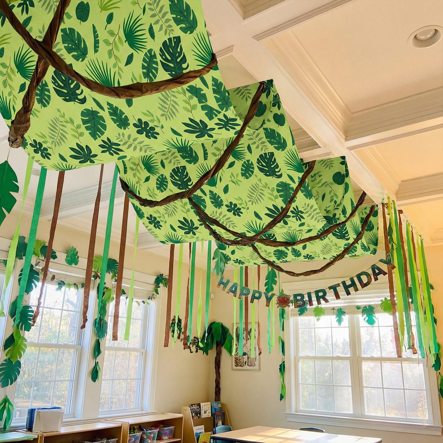 Feifeiya 3 Pcs 36 ft Jungle Theme Party Decor 2026 Vbs Decorations Tropical Forest Palm Leaves Rainforest Safari Jungle Ceiling Banner Party Hanging Decor for Vbs Sunday School Classroom