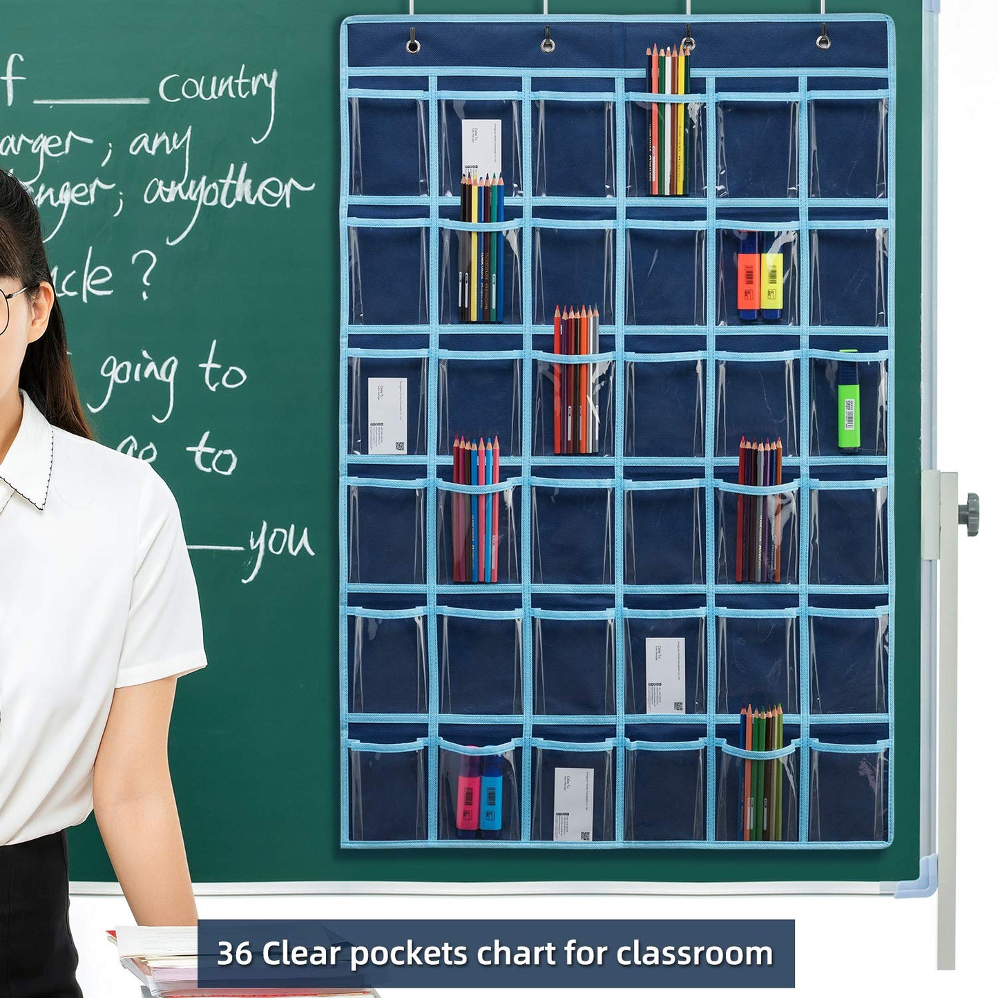 SAVERHO 36 Clear Pockets Classroom Pocket Chart for Cell Phone and Calculator Holder, Door Hanging Pocket Chart for Classroom Phone Holder with Number Sticker and Hooks (Blue)