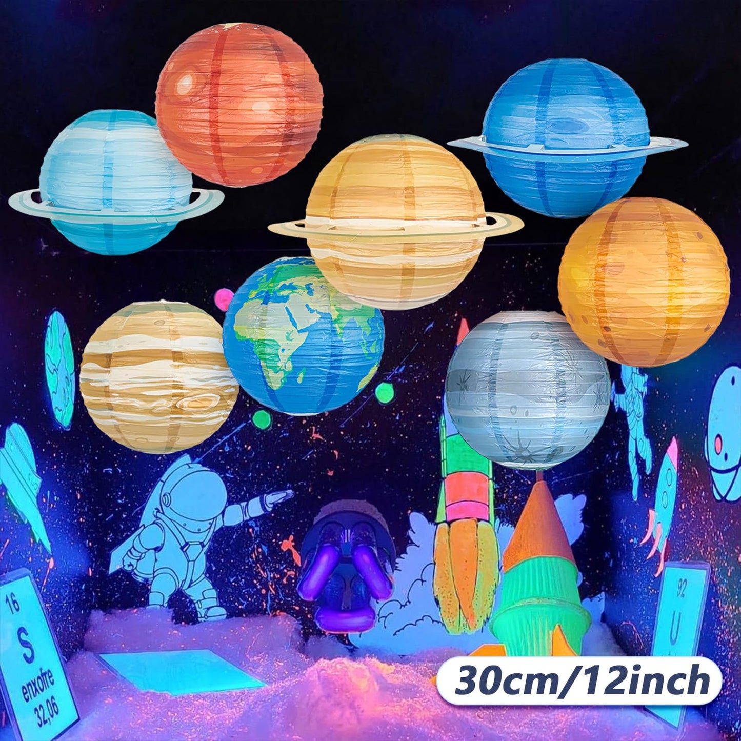 JIEFULL 8 Pcs Solar System Planet Paper Lanterns, 12 Inches Large Paper Lantern Planets Hanging Lanterns Space for The Room Ceiling Classroom Birthday Party Decorations