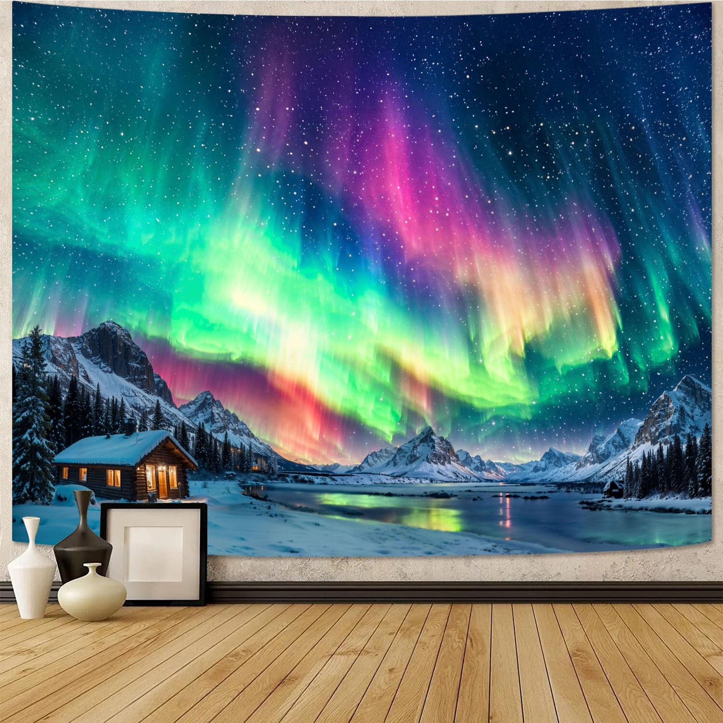 Spenlife Winter Aurora Borealis Cabin Tapestry, Scenic Northern Lights Mountain Wall Hanging for Cozy Bedroom Living Room Decor, 60x44 Inch