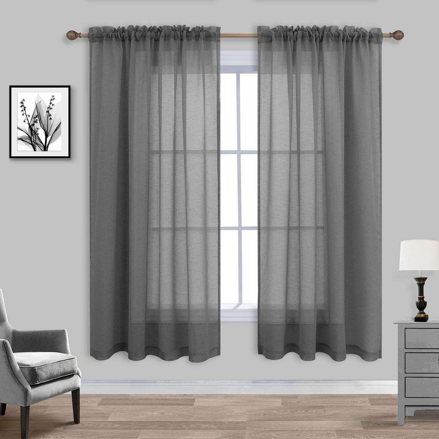 Charcoal Grey Linen Look Sheer Curtains 63 Inch Length for Kitchen 2 Pack Rod Pocket Breathable Airy Gray Curtains for Bathroom Window Laundry Canopy Sitting Room Reading 52x63 Inches Long Dark Grey