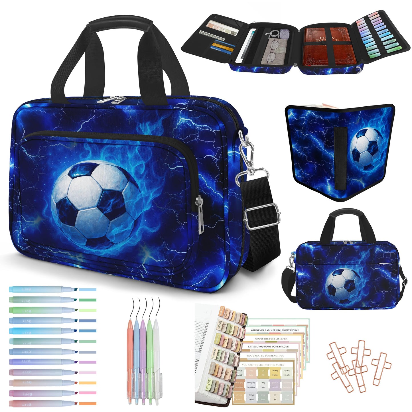 IBOVODI Soccer Large Bible Cover Case for Men Boys, Kids Bible Study Supplies Journaling Kit Book Carrying Case Bible Accessories with Pens Highlighters Cross Clips, Christian Gifts for Men