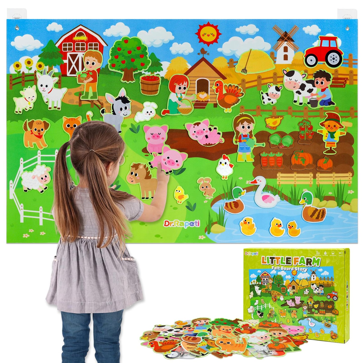Dr.Rapeti Farm Animals Felt Story Board Set 41PCS Preschool Farmhouse Barnyard Theme Busy Board Story Set Storytelling Early Learning Interactive Play Kit Wall Hanging for Toddlers Kids Children 4+