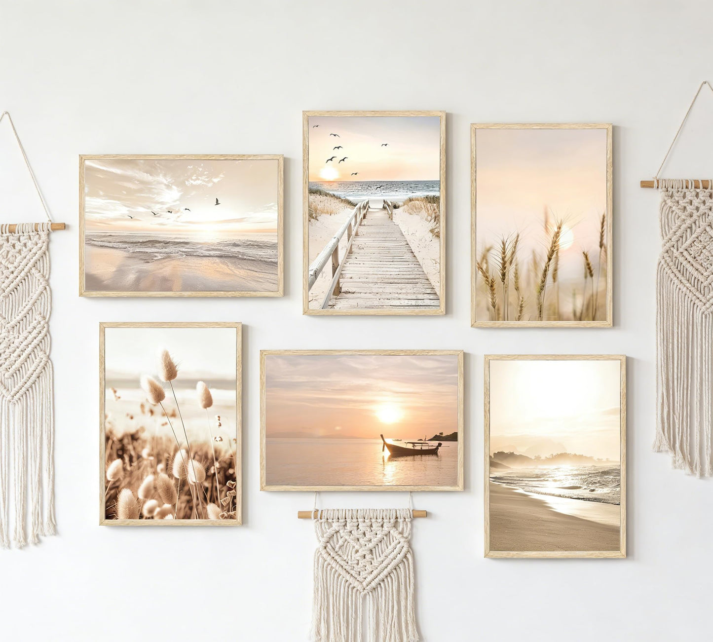 Beach Wall Art Boho Coastal Wall Decor, Neutral Beige Ocean Beach Pictures Wall Art, Set of 6 Minimalist Nature Grass Prints for Bedroom Bathroom Living Room, Unframed Canvas Posters 12x16in