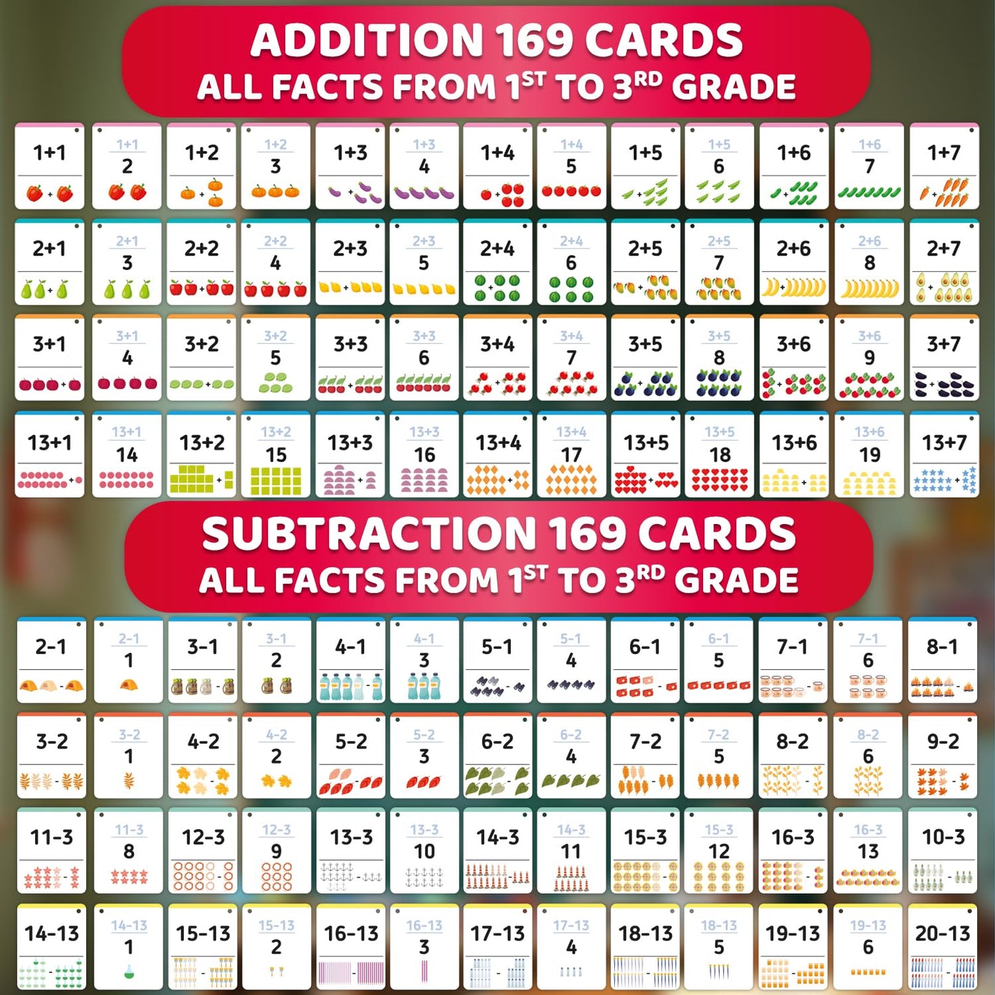 QUOKKA Addition & Subtraction Flash Cards Set for Kids Ages 4-8 – 338 Jumbo Math Flash Cards with Visual Aids, Sorting Rings & Reference Cards – Math Games for Kids 1st to 3rd Grade Classroom & Home