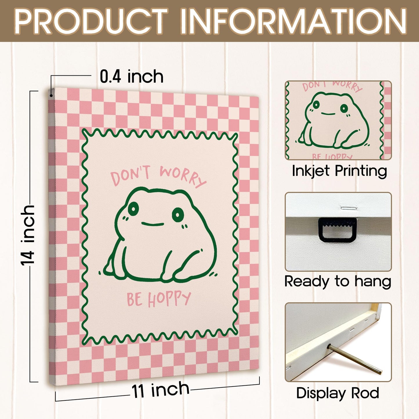 XINCEYWJ Frog Decor, Cute Funny Frog Classroom Wall Decor, Don't Worry Be Hoppy Pink Checkered Canvas Art Prints Framed, Mental Health Cute Funny Wall Art for Kids Bathroom Bedroom Office, 11x14 In