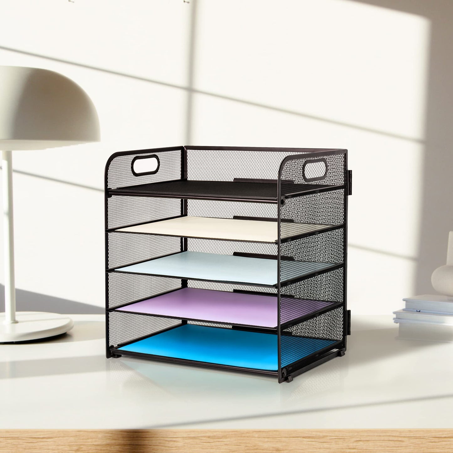 Supeasy 5 Trays Paper Organizer Letter Tray with Handle-Mesh Desk File Holders, Paper Sorter Desk Organizer for Office, Home, Classroom or School