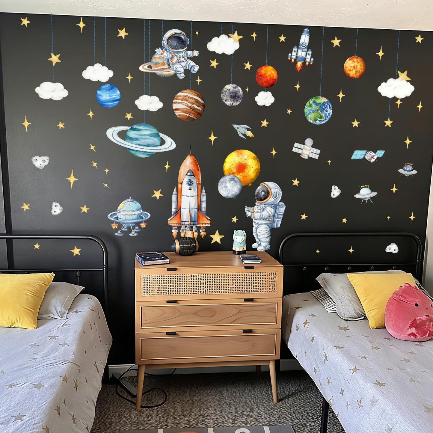 Space Astronaut and Planet Wall Stickers 3 Sheets Watercolor Galaxy with Rocket Decals Self-Adhesive Peel and Stick for Kids Room Nursery
