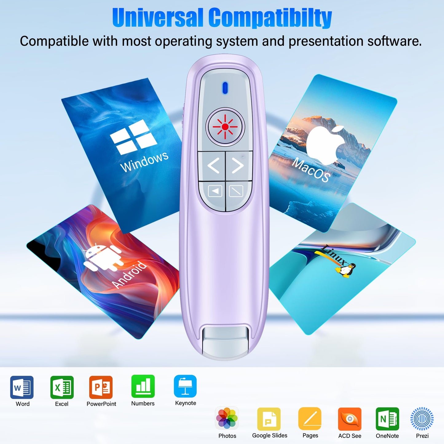Presentation Clicker Wireless Presenter Remote Clicker, USB C PowerPoint Clicker for Presentation with Pointer, RF 2.4GHz Computer Pointer Clicker Slide Advancer for Mac-Purple