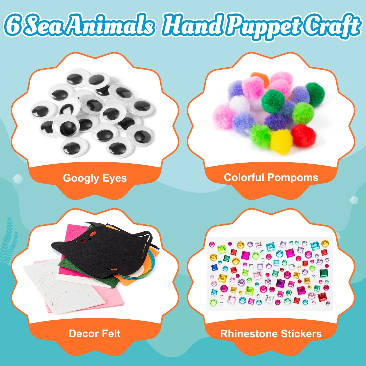 WATINC 6Pcs Hand Puppet Making Kit, Art Craft Felt Sock Puppet Toys, Creative DIY Make Your Own Pompoms Wiggle Googly Eyes Storytelling Role Play Party Supplies Gift for Girls Boys (Ocean Animals)