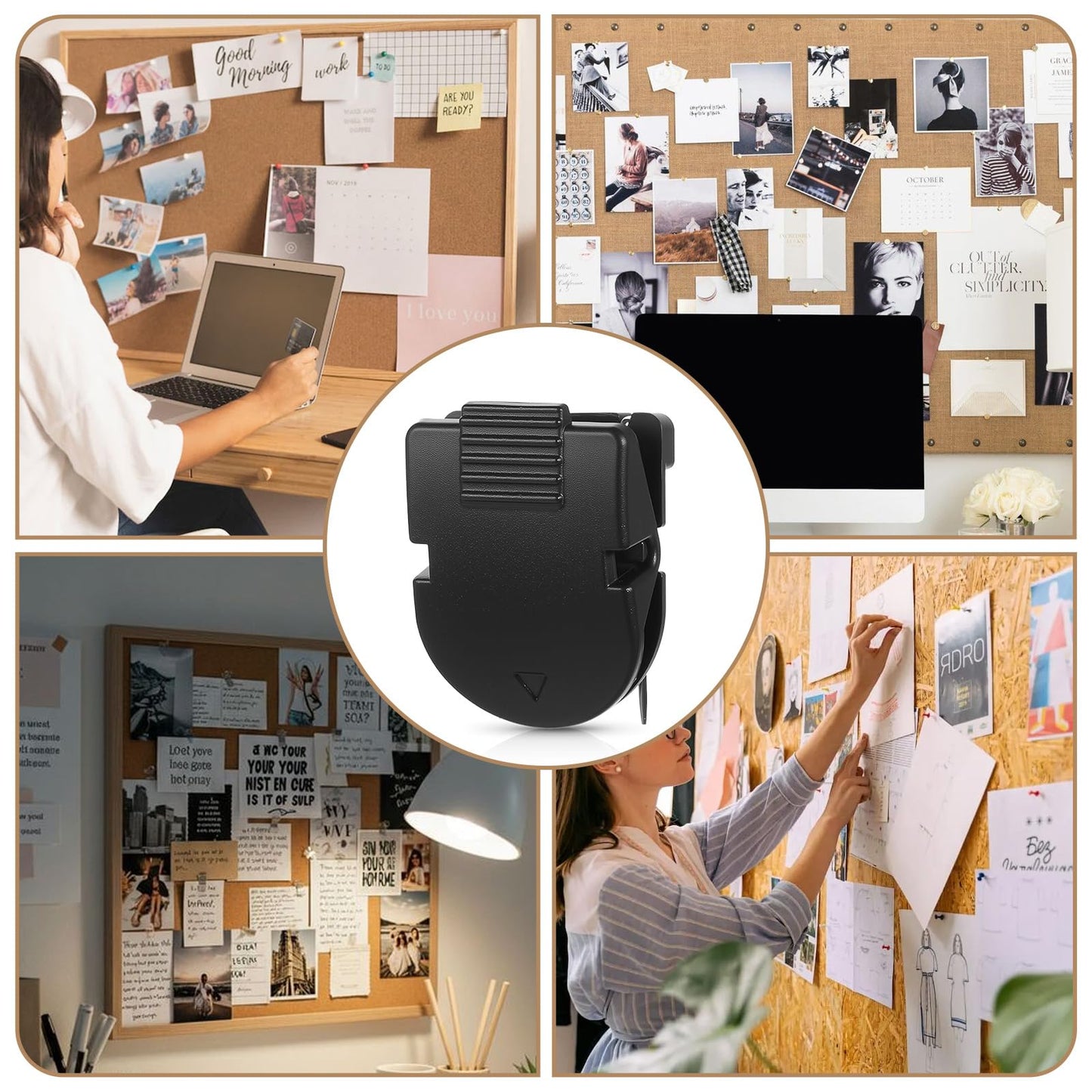 xozeooeu 70 Pcs Cubicle Clips for Fabric Walls, Black Plastic Office Partition Panel Clips with Stainless Steel Pins for Notes, Photos, and Memos (1.38” x 0.98”)