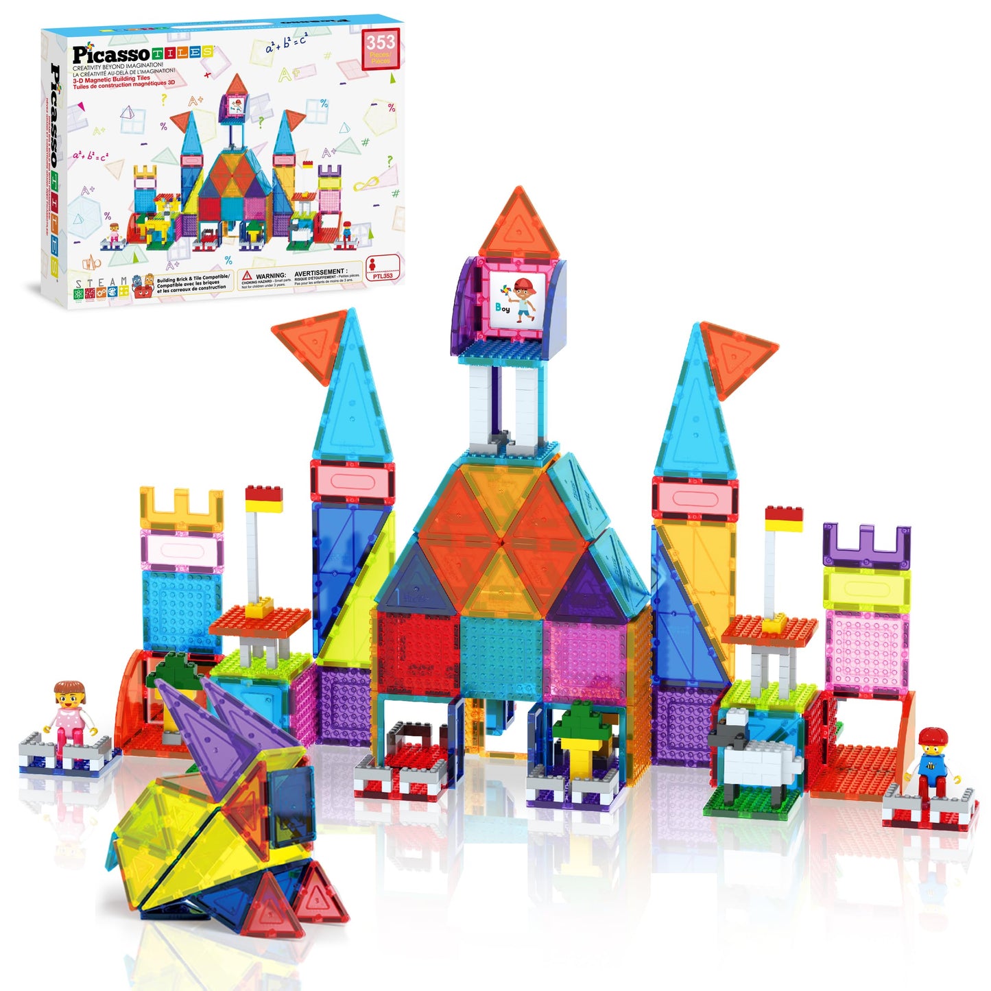 PicassoTiles 353pc Magnetic Brick and Magnet Tile Combo Set with Action Figures STEM Building Block Educational Construction Kit Preschool Classroom Toy Learning Activities for Kids Age 3 Plus PTL353