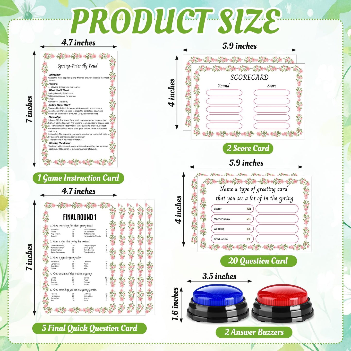 Humyoun Spring Friendly Feud Game with 2 Answer Buzzers, Floral Feud Cards for Family Game Night Fun Trivia Quiz for Party Office Class Groups Team Building