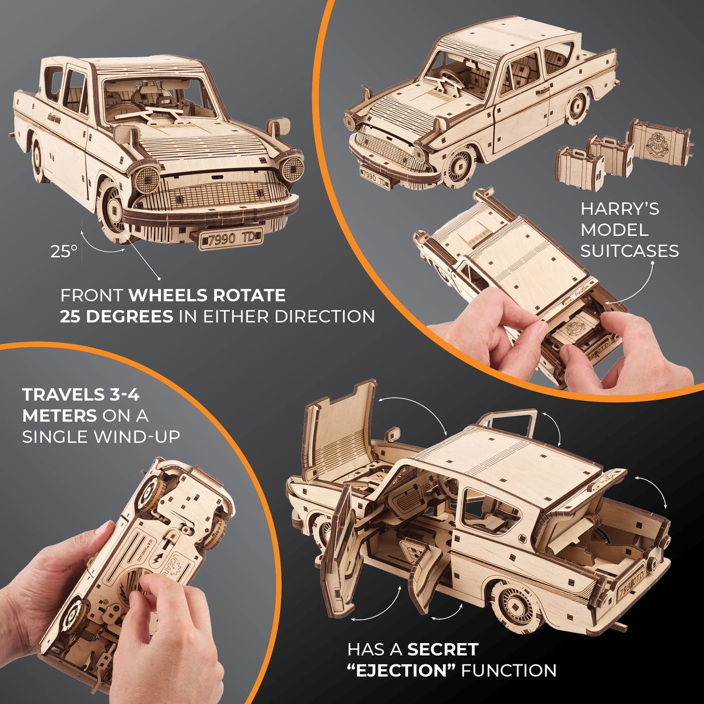 UGEARS Wooden 3D Puzzles for Adults - Flying Ford Anglia Harry Potter Puzzle 3D – Harry Potter Flying Car Building Kits for Adults DIY Model Kit with Spring Drive