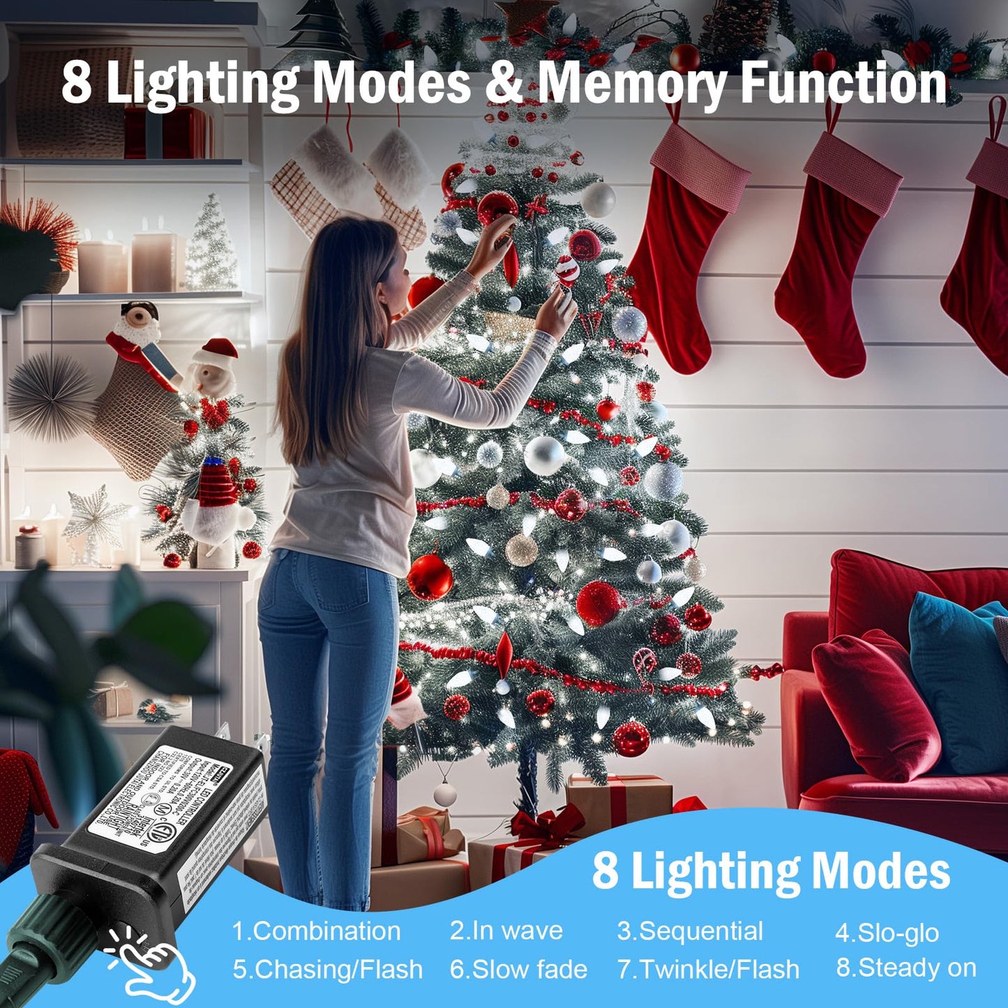 Minetom C9 LED Christmas Lights - 100 Waterproof Fairy Lights, 81 FT, White, Model JT-EL/FC300V0200-C, Timer & 8 Modes