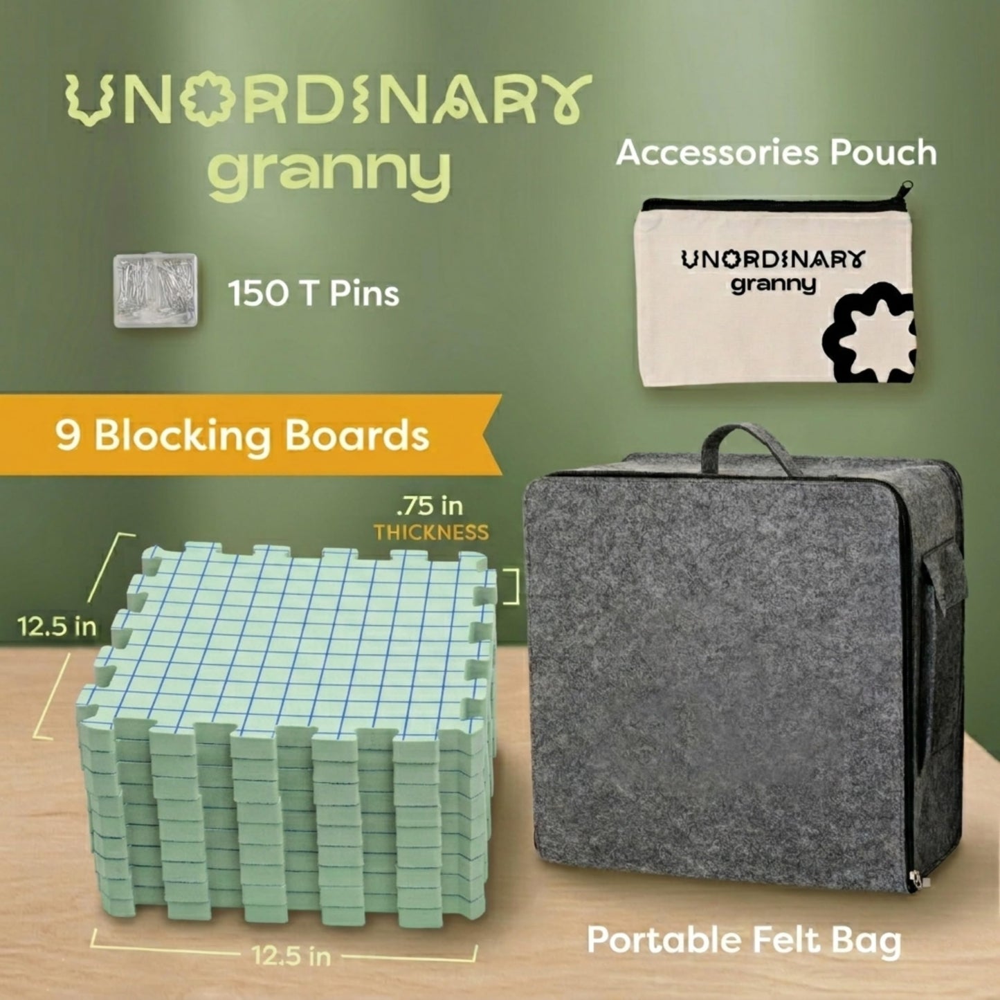 Unordinary Granny Crochet Blocking Board Set – 9 Extra Thick Interlocking Mats with Grid, 150 T-Pins, Felt Storage Bag and Cotton Pouch (Sage Green)