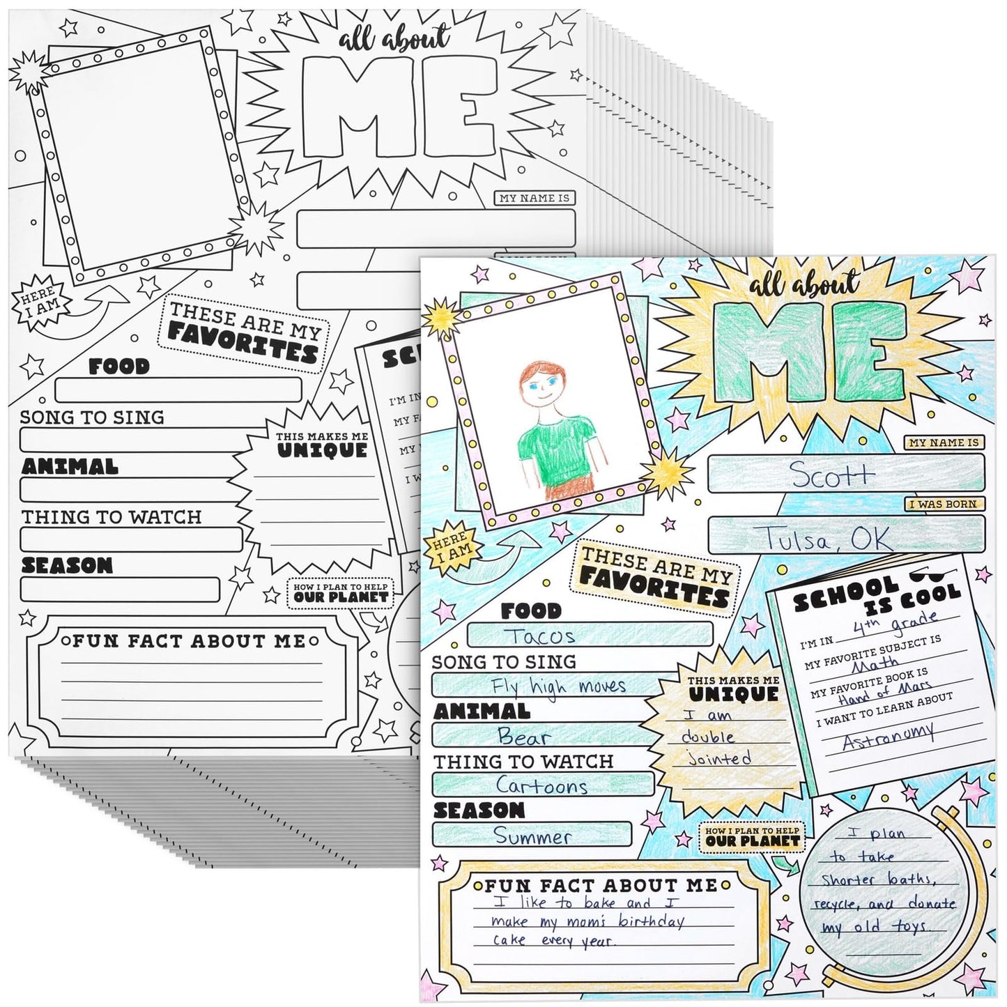 Infinite Curiosity All About Me Posters Elementary Classroom 30-Pack - 17 x 22 In Multicolor - Teacher Supplies & Student Introductions - Star of the Week Display - Classroom Decor Essentials