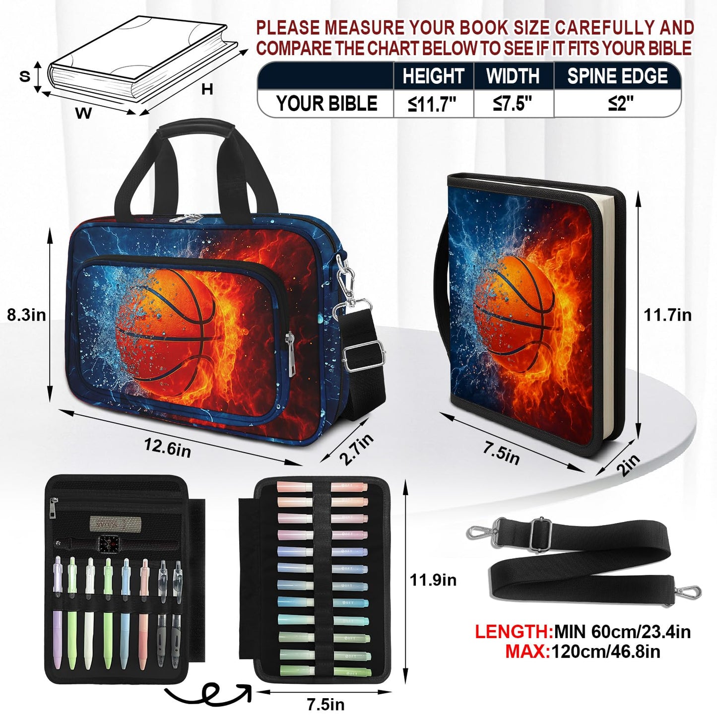 IBOVODI Basketball Bible Cover Case for Boys Kids, Ice Fire Ball Mens Large Bible Bag Book Carrying Case Handle Zipper Pocket, Bible Study Supplies Journaling Kit, Highlighters Tabs Pens Cross Clips