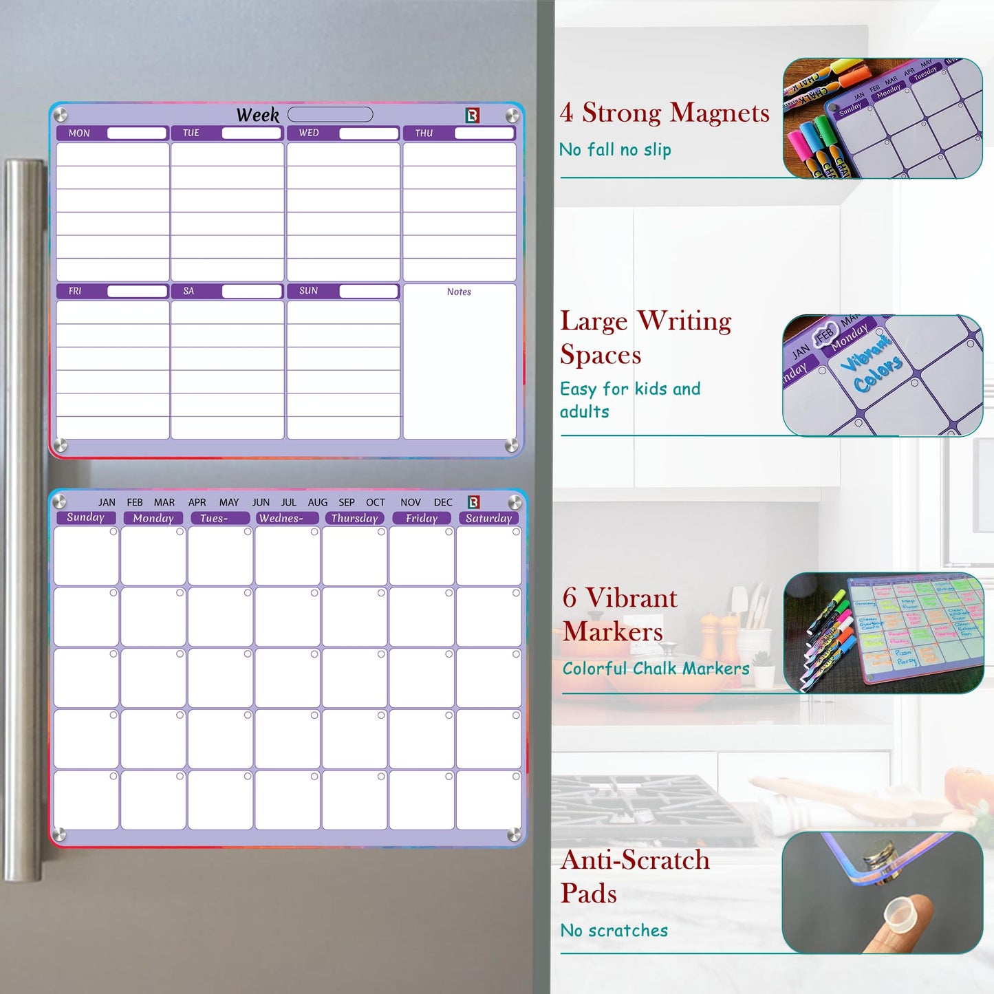 Purple Acrylic Fridge Calendar - Magnetic Calendar for Refrigerator 2 PCS | Calendars for Fridge with Removable Template - Magnetic to Do List for Refrigerator